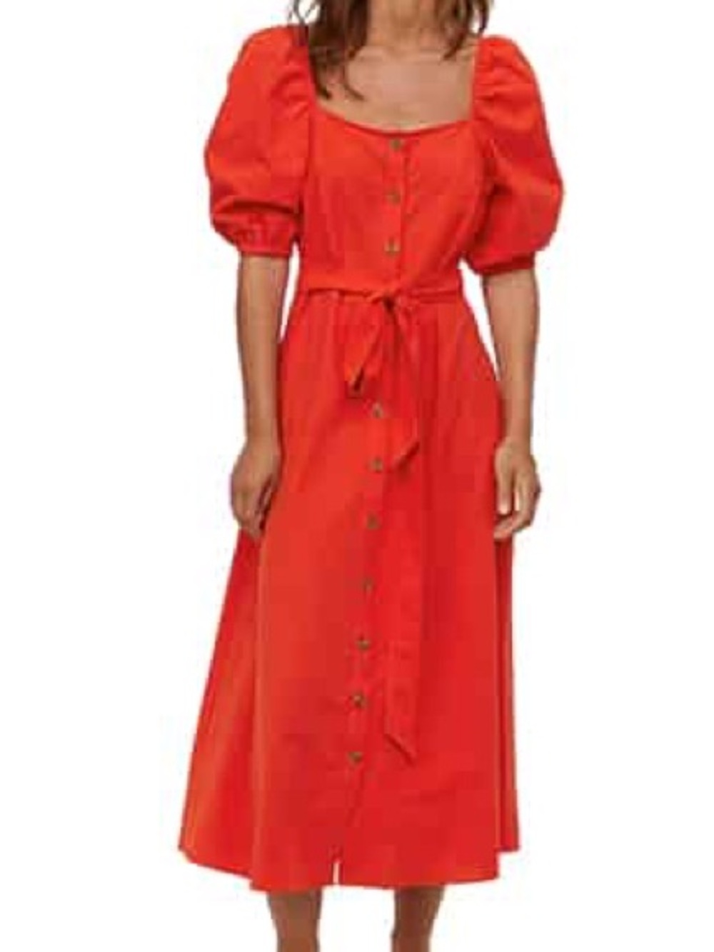 H&M Red Puff-Sleeve Button-Front Midi Dress